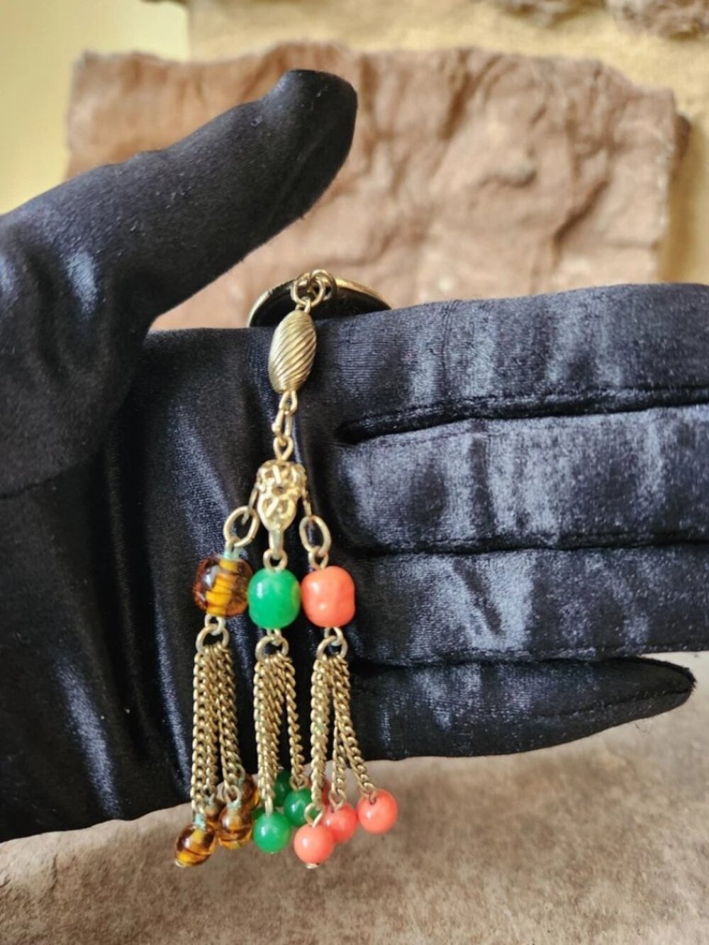 Vtg Statement Necklace Gold Tone Multi Chain & Colored Rhinestone Beaded Tassel - Picture 11 of 16